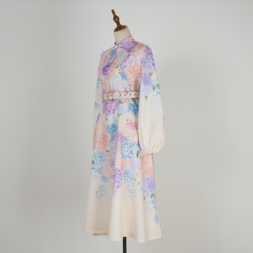 Long lantern sleeve printing dress