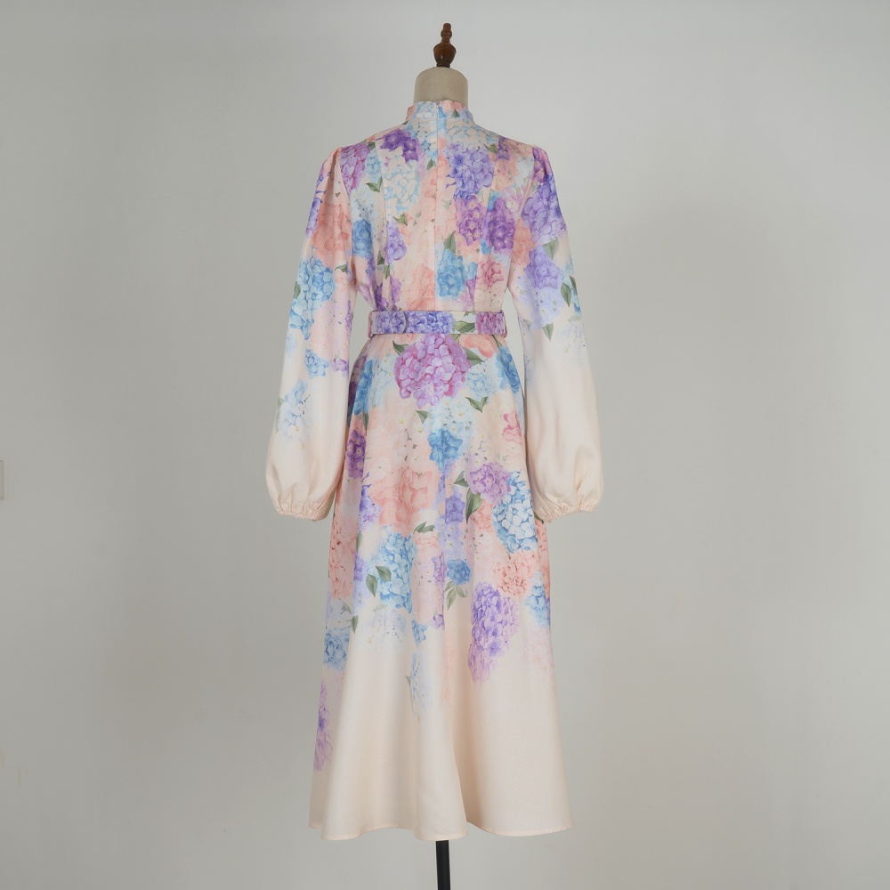 Long lantern sleeve printing dress