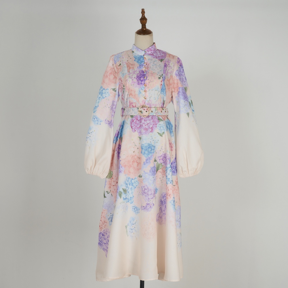 Long lantern sleeve printing dress