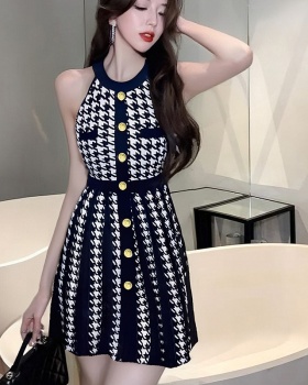 Short summer knitted houndstooth crimp halter sleeveless dress