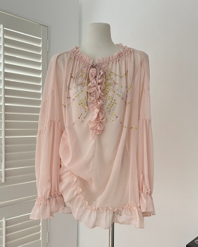 Rhinestone romantic court style chiffon shirt