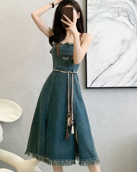 Wrapped chest denim strap dress A-line long dress