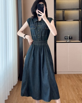 Denim retro A-line dress sleeveless slim France style long dress