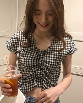 Plaid refreshing short shirt summer V-neck tops for women