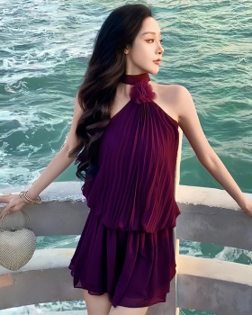 Pinched waist halter crimp summer purple sloping shoulder dress