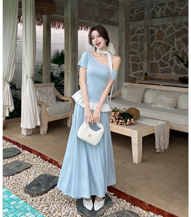 Polka dot fashion tops high waist skirt 2pcs set for women