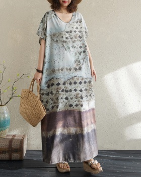 Big Casual short sleeve long dress printing art retro robe