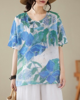 Temperament art slim tops cotton linen large yard T-shirt