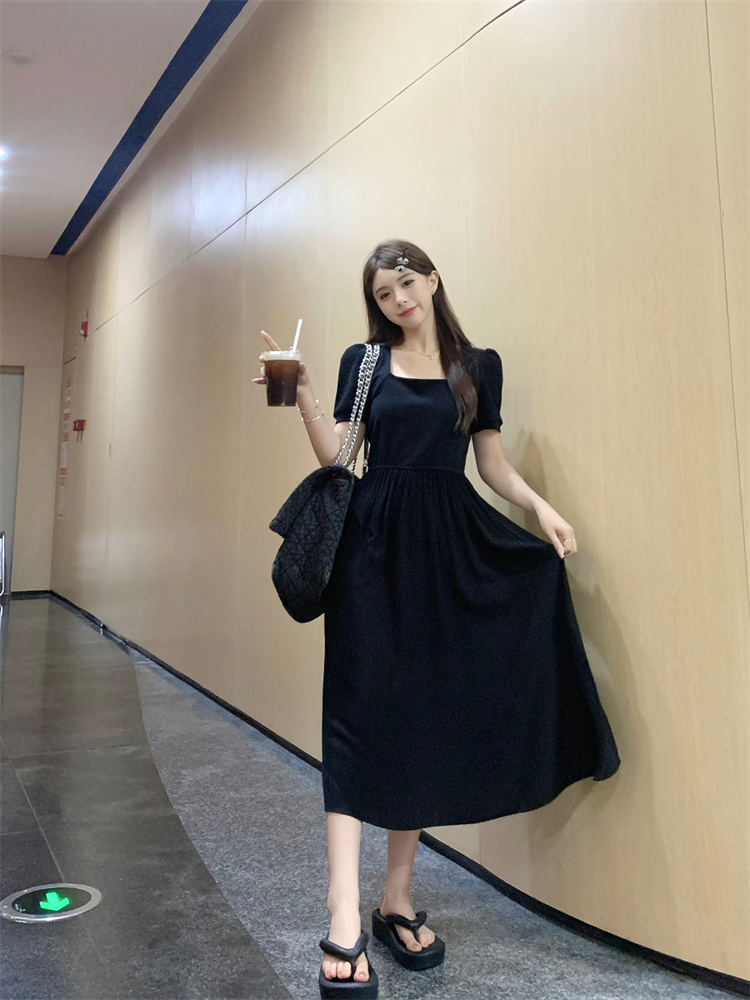 High waist slim square collar short sleeve dress