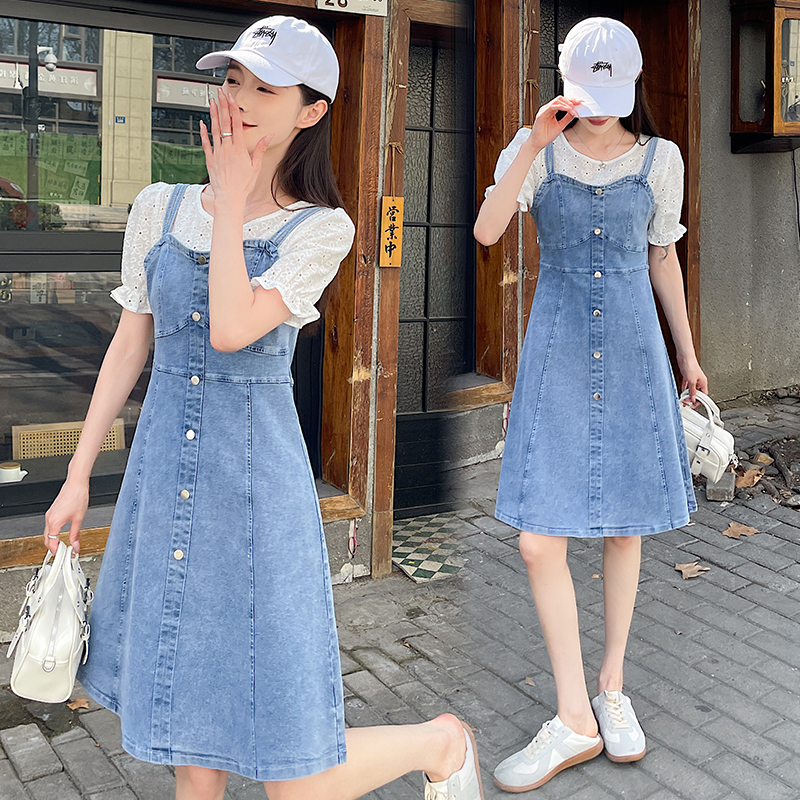 Lace spring and autumn denim retro mixed colors dress for women