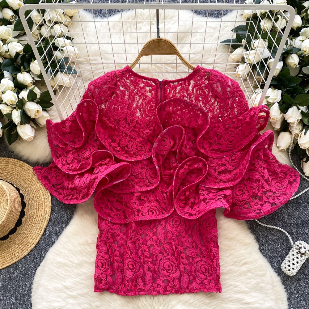 Lace splice tops summer lotus leaf edges shirt for women