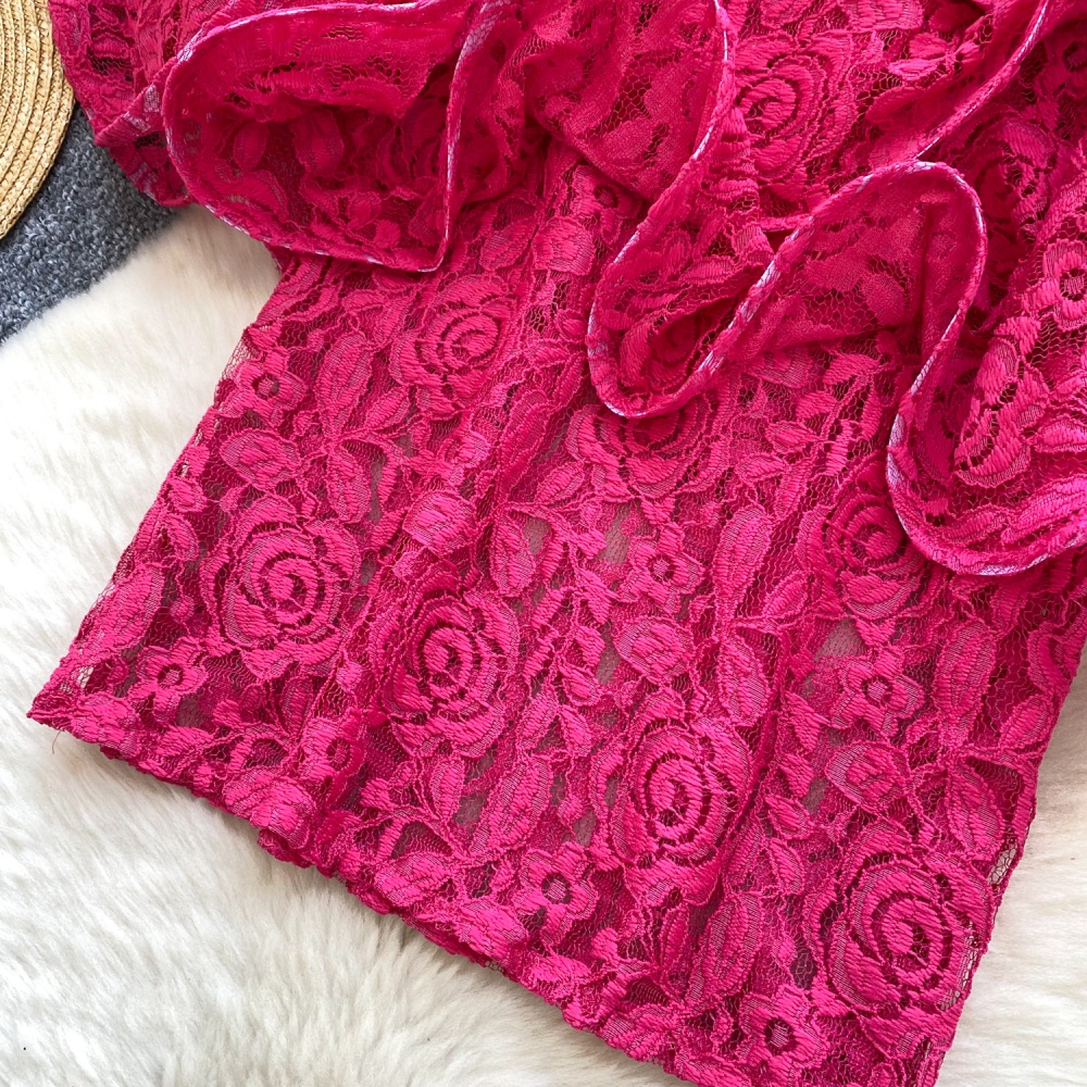 Lace splice tops summer lotus leaf edges shirt for women