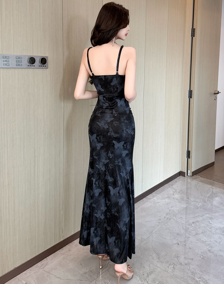 Sexy sling dress pinched waist halter long dress