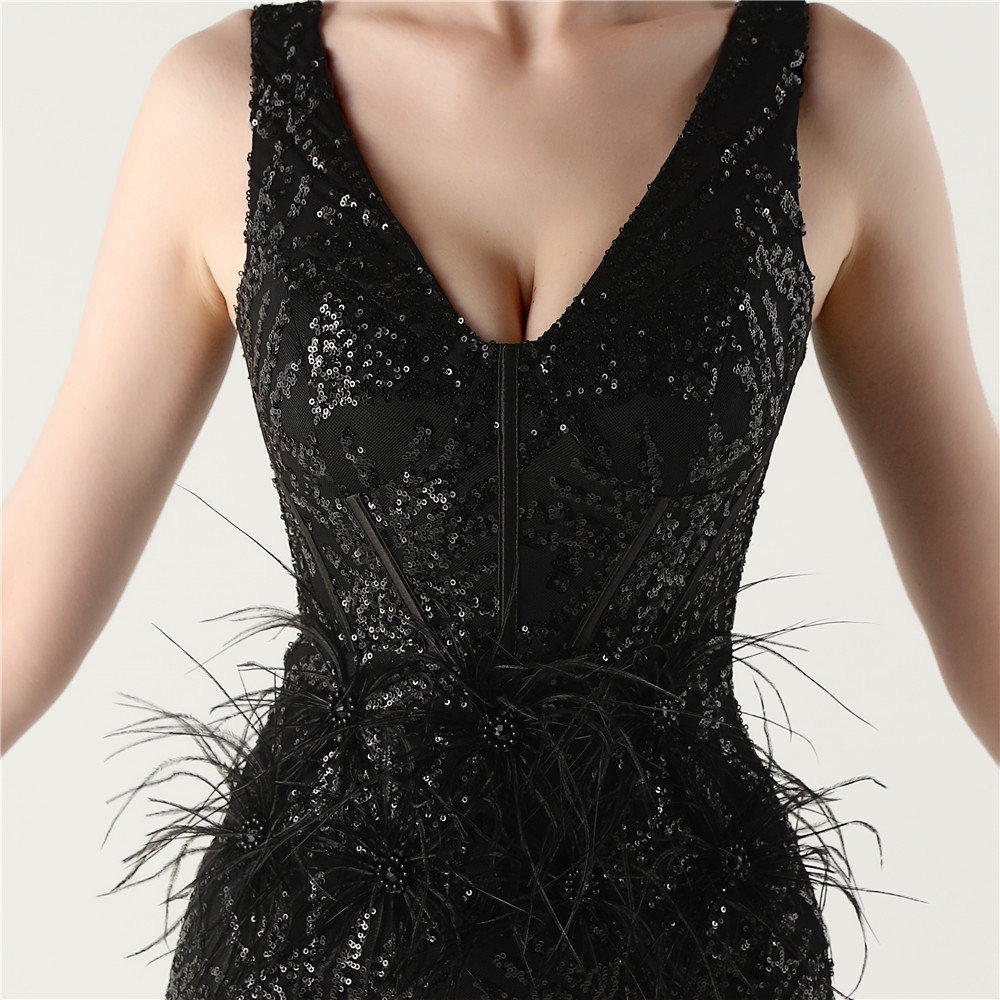 Feather decoration sequins sexy slim V-neck evening dress