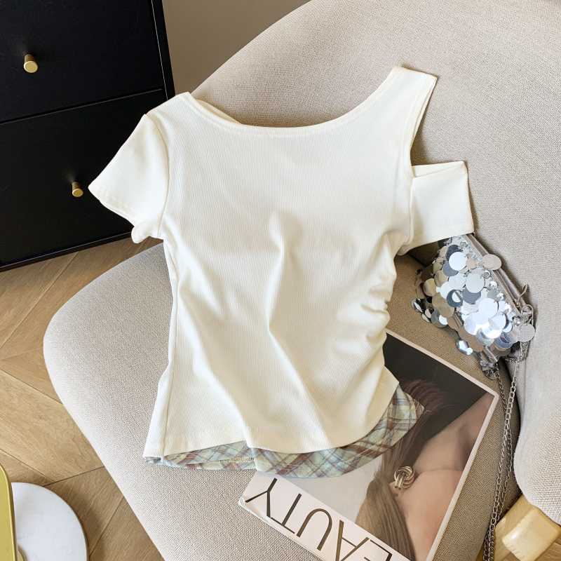 Strapless short sleeve tops plaid T-shirt for women