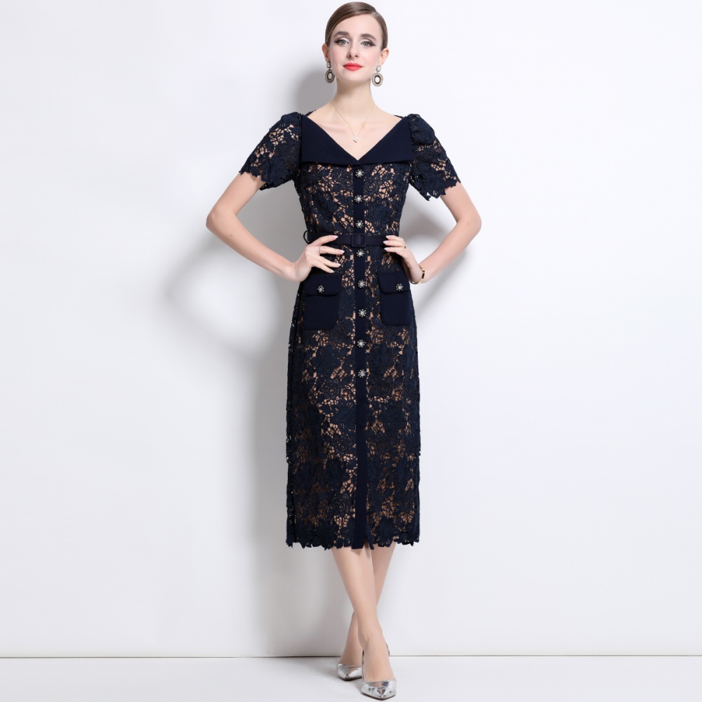 With belt hollow pinched waist stereoscopic dress