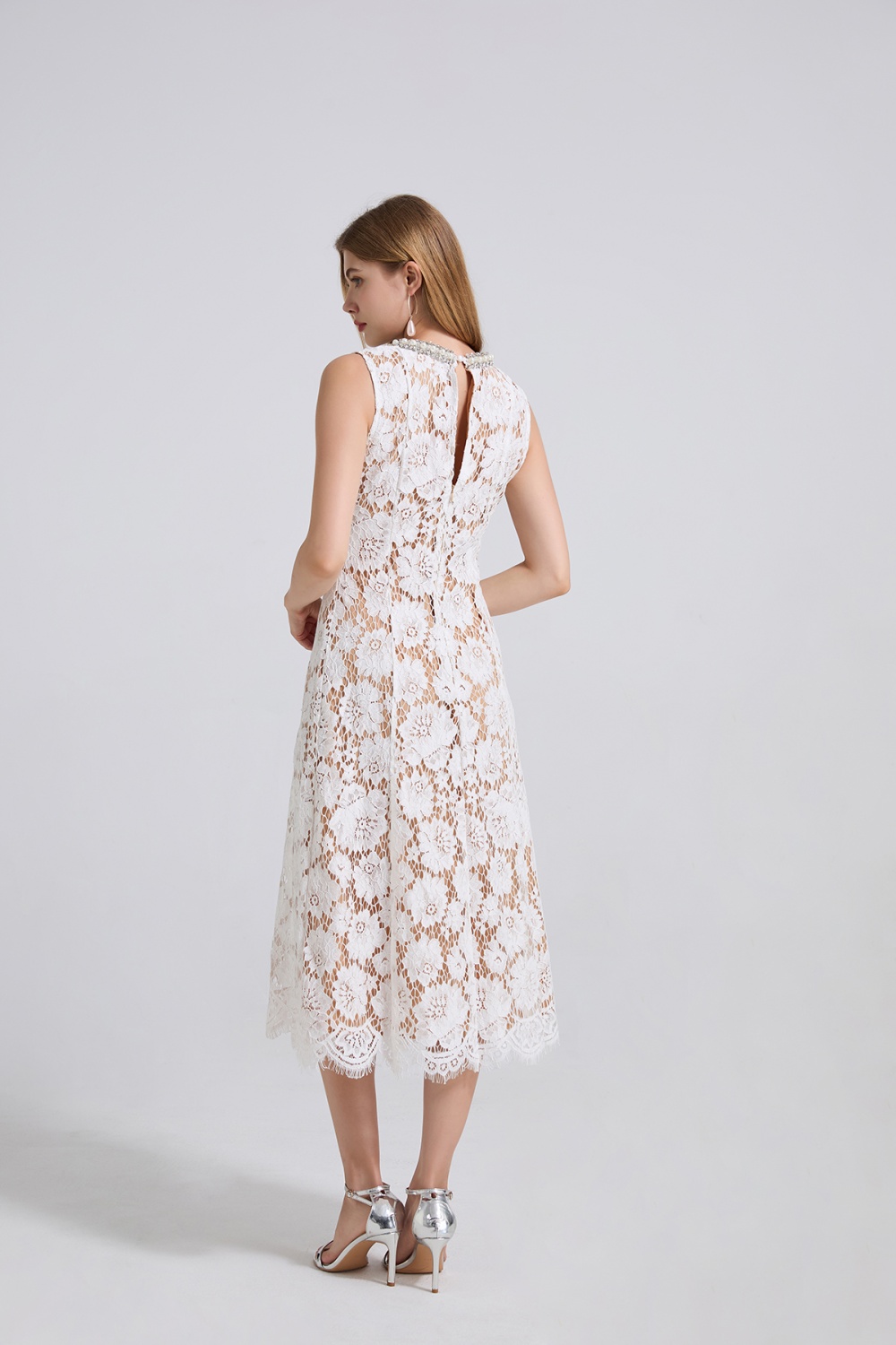 Lace rhinestone beading dress A-line pinched waist eyelash