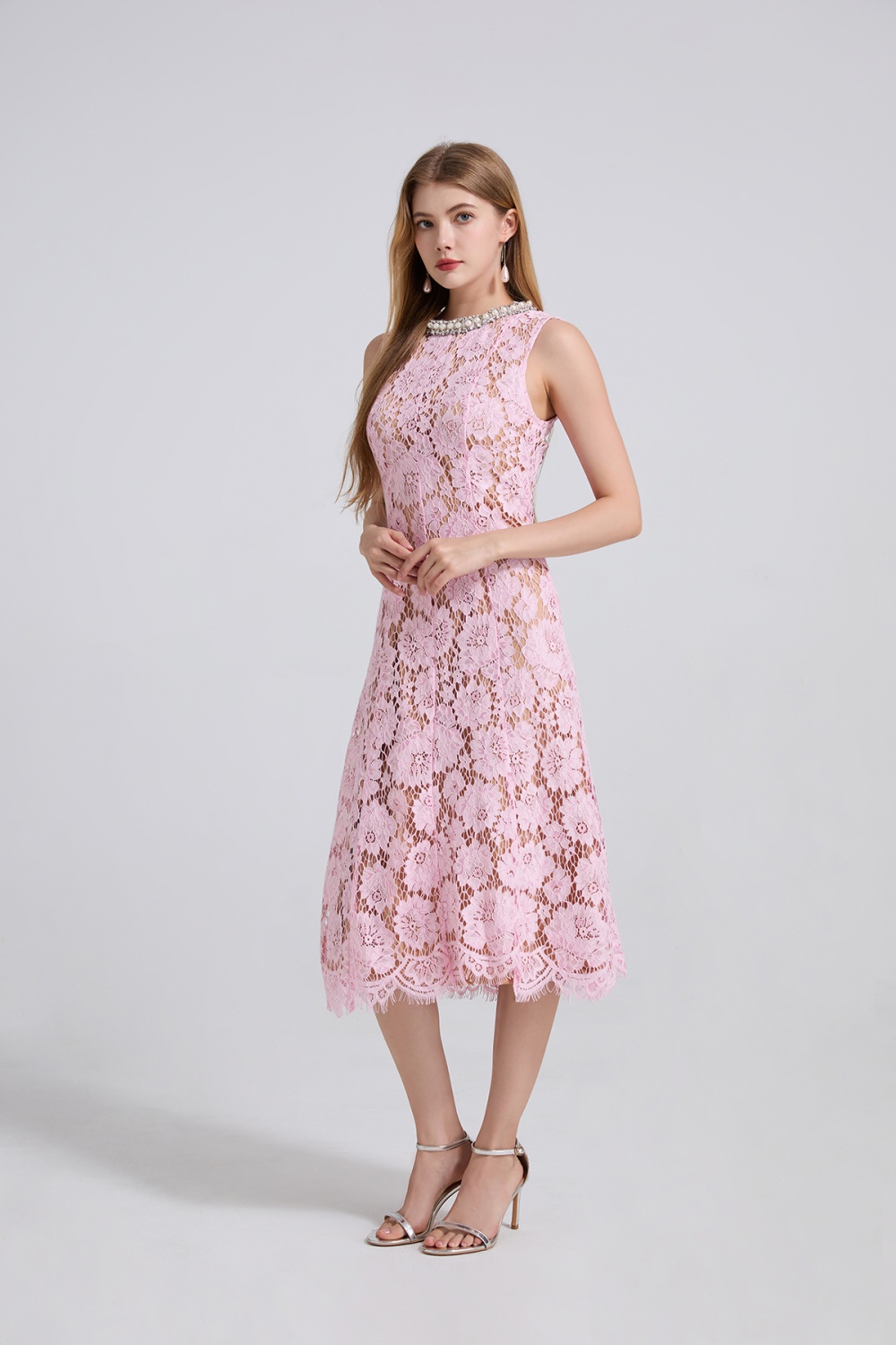 Lace rhinestone beading dress A-line pinched waist eyelash