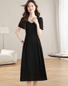 Short sleeve long dress U-neck dress for women