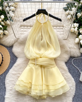 Temperament beading chiffon T-back halter enticement dress