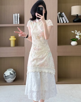 Chinese style Pseudo-two summer dress lace floral cheongsam