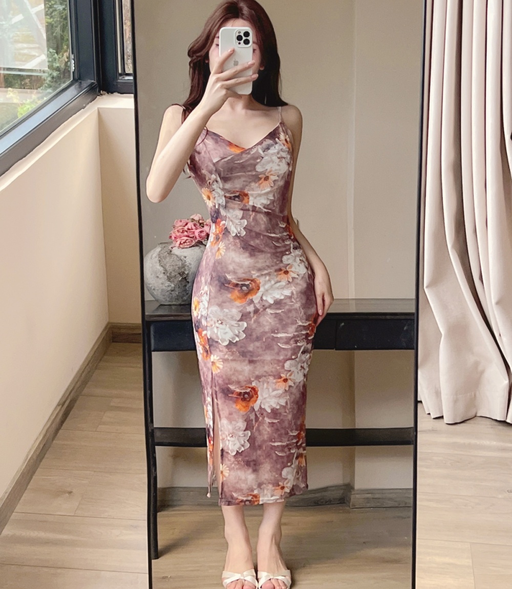 Slim sling sexy beach dress seaside V-neck split dress