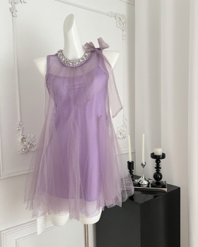 Loose doll gauze bow diamond collar streamer vacation dress