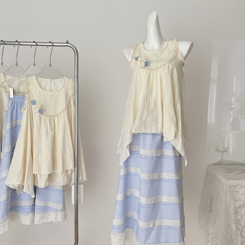 White stereoscopic vest cake summer tops 2pcs set for women