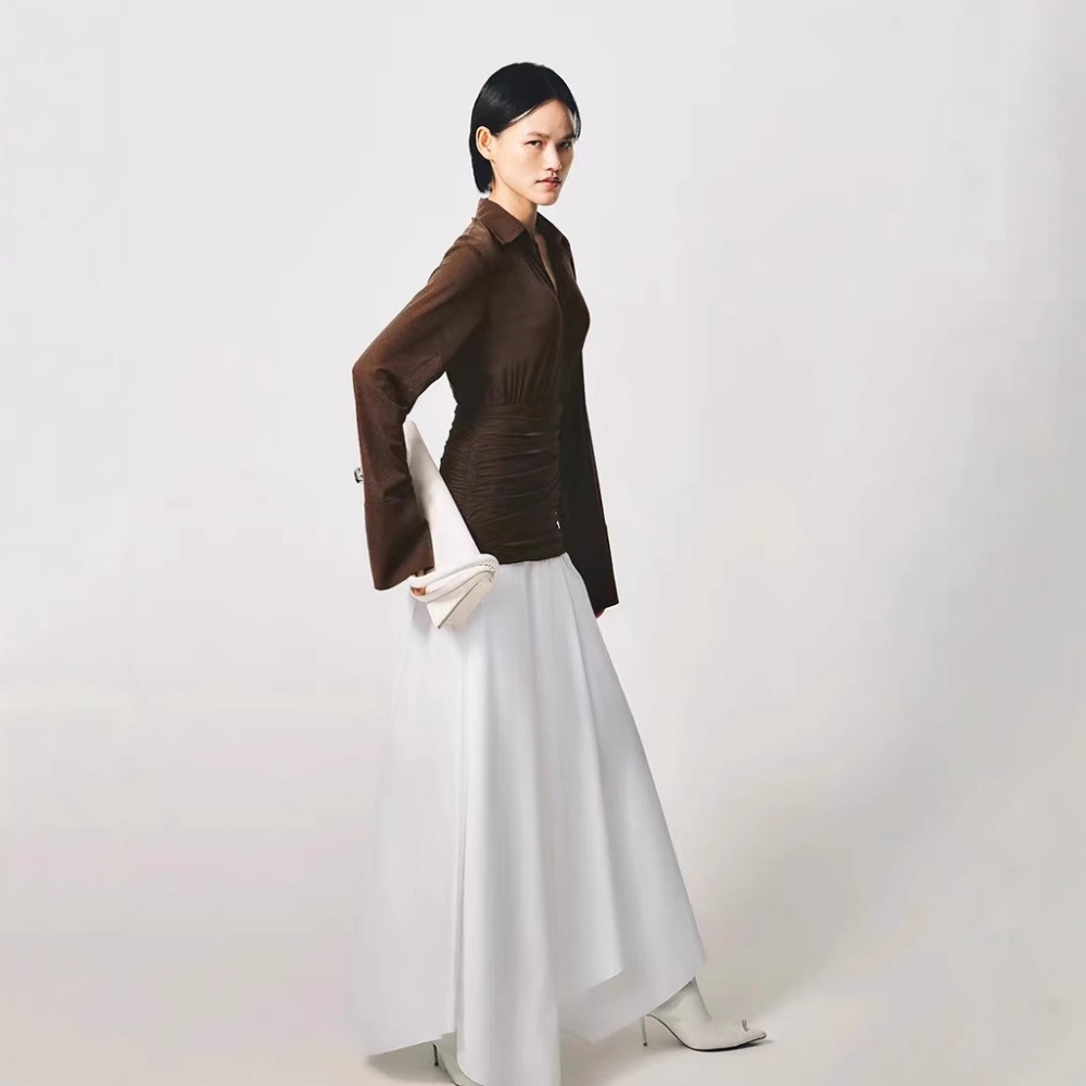 Splice pinched waist dress V-neck fold long dress