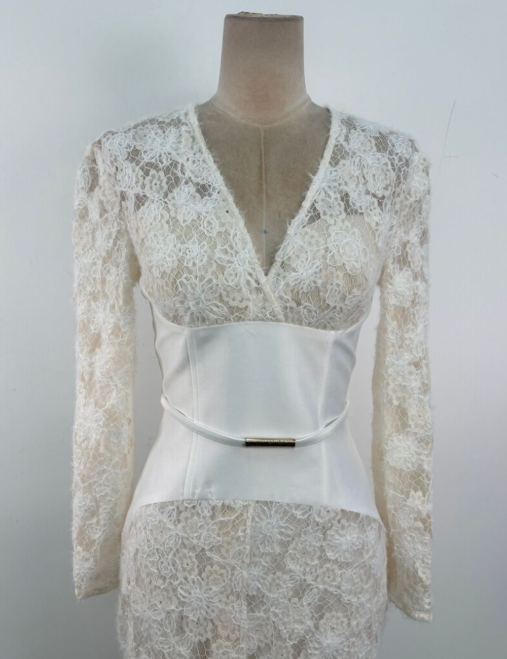 Splice white lace long dress V-neck niche dress