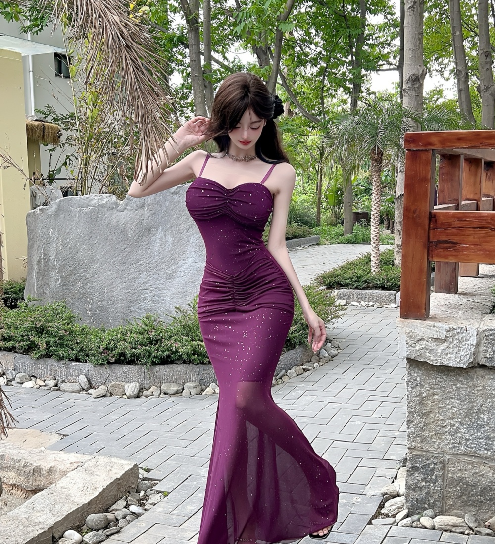 Long sexy formal dress sling gauze dress