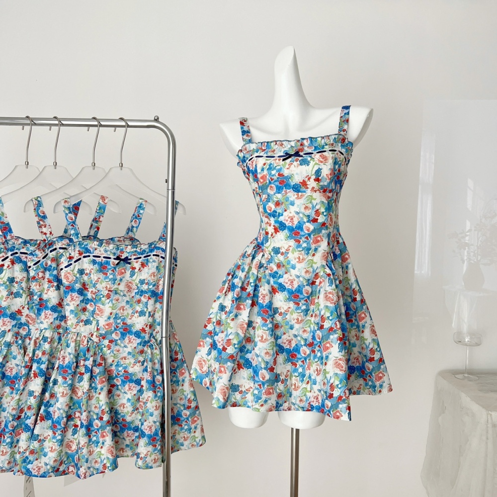 Short rose printing slim sling summer dress