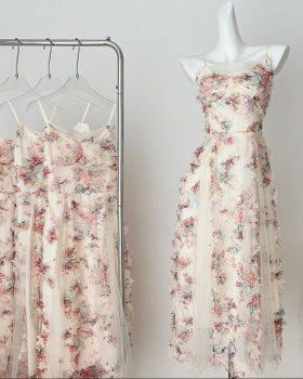 France style summer floral gauze vacation sling dress for women