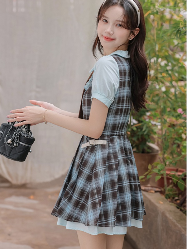 Plaid summer collar dress Pseudo-two shirt for women