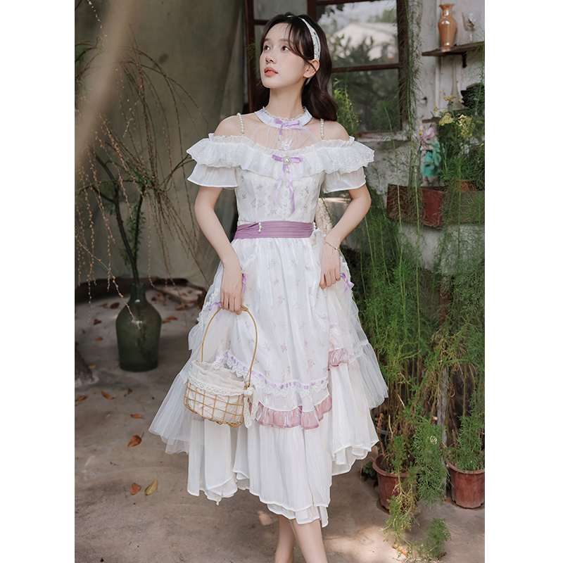 Floral big skirt maiden chiffon elegant dress