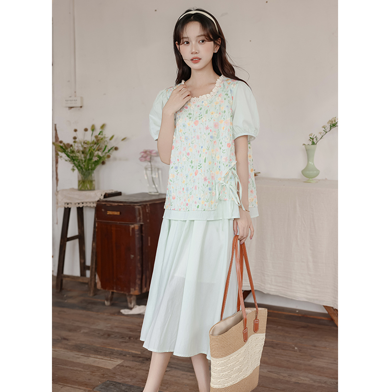 Floral high waist tops sweet frenum skirt 2pcs set for women