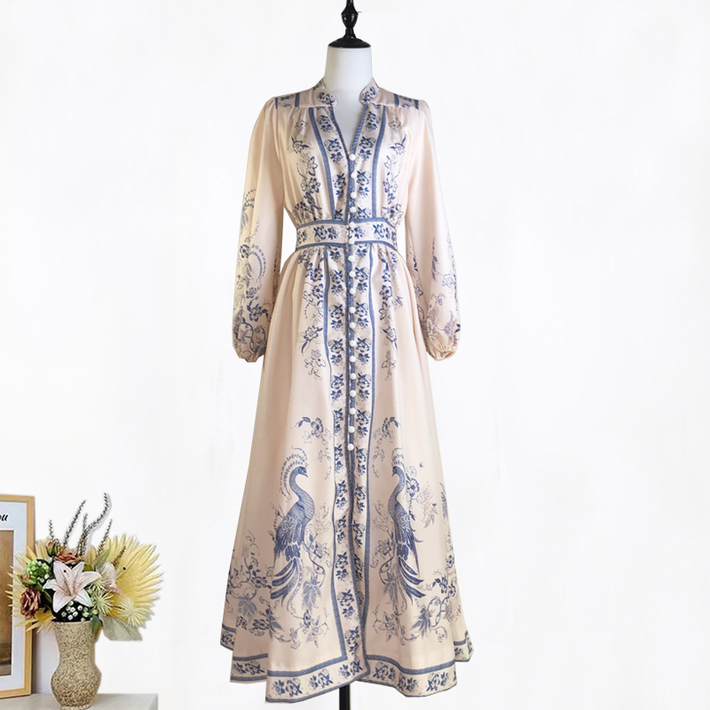 Long sleeve vacation long V-neck elegant retro dress