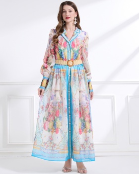 Lotus leaf edges lantern sleeve long dress