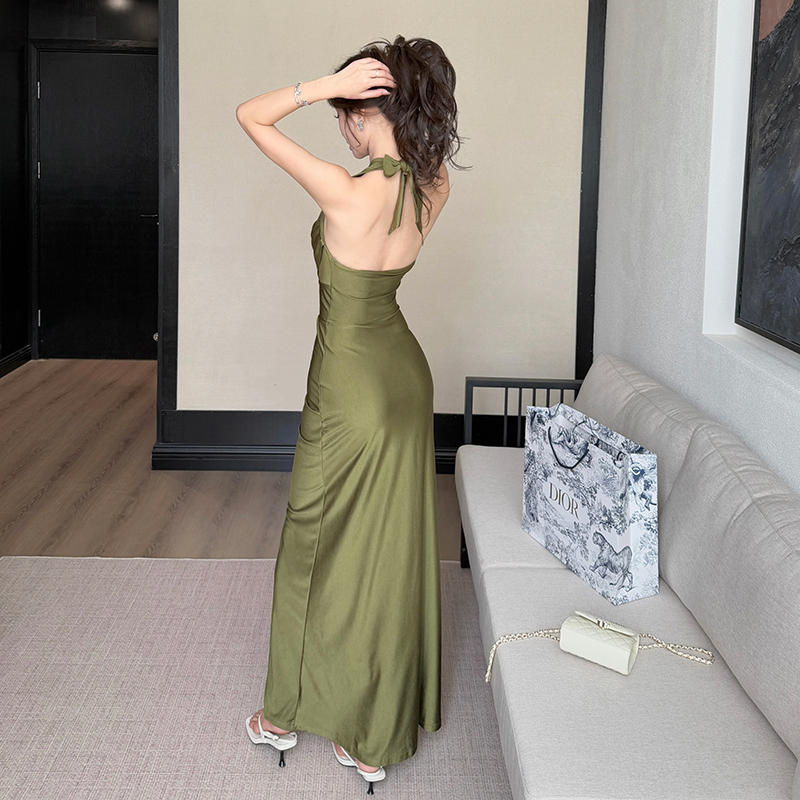 Halter slim sexy dress split irregular fold long dress