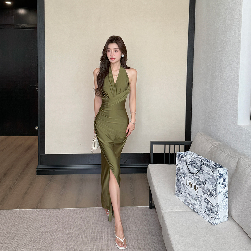Halter slim sexy dress split irregular fold long dress