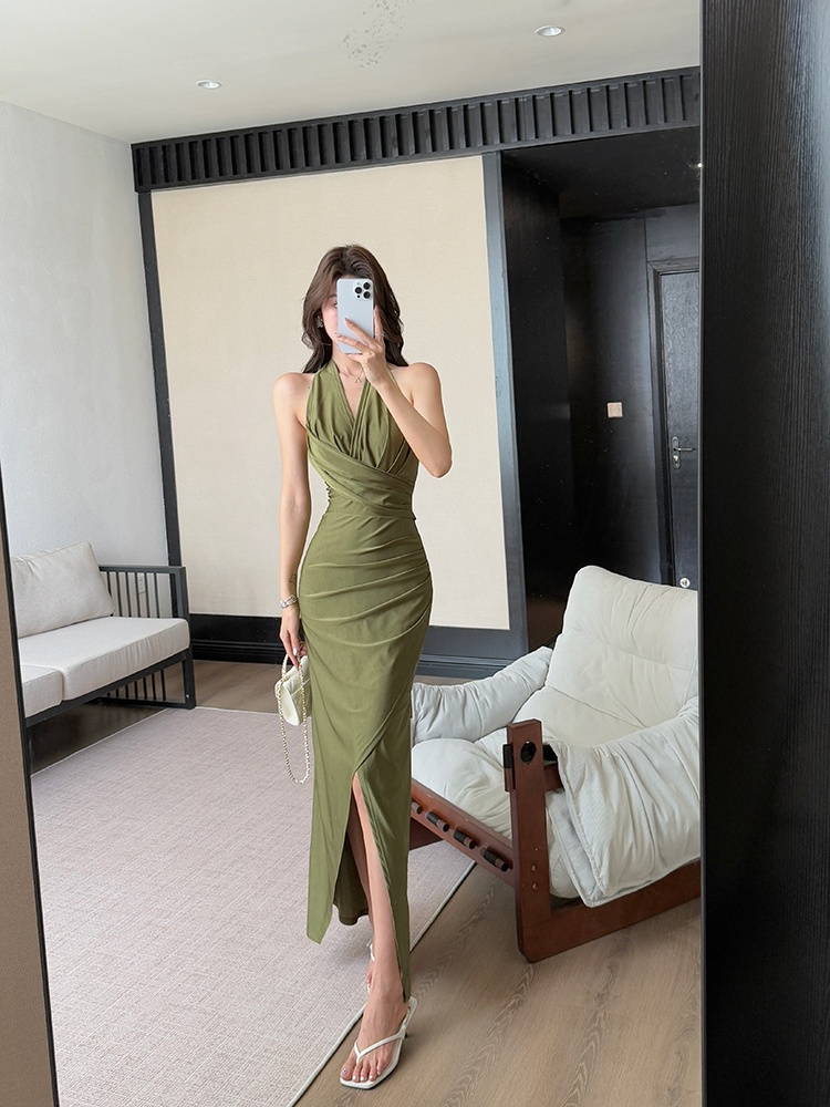 Halter slim sexy dress split irregular fold long dress