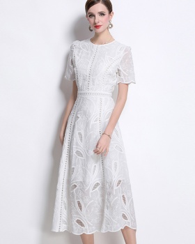 Embroidery France style dress round neck long dress