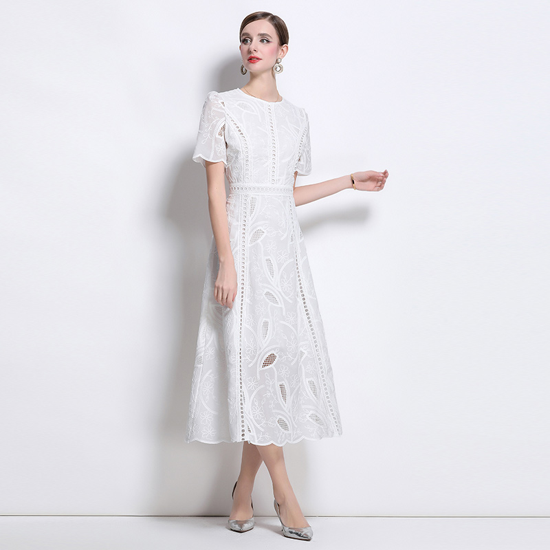 Embroidery France style dress round neck long dress