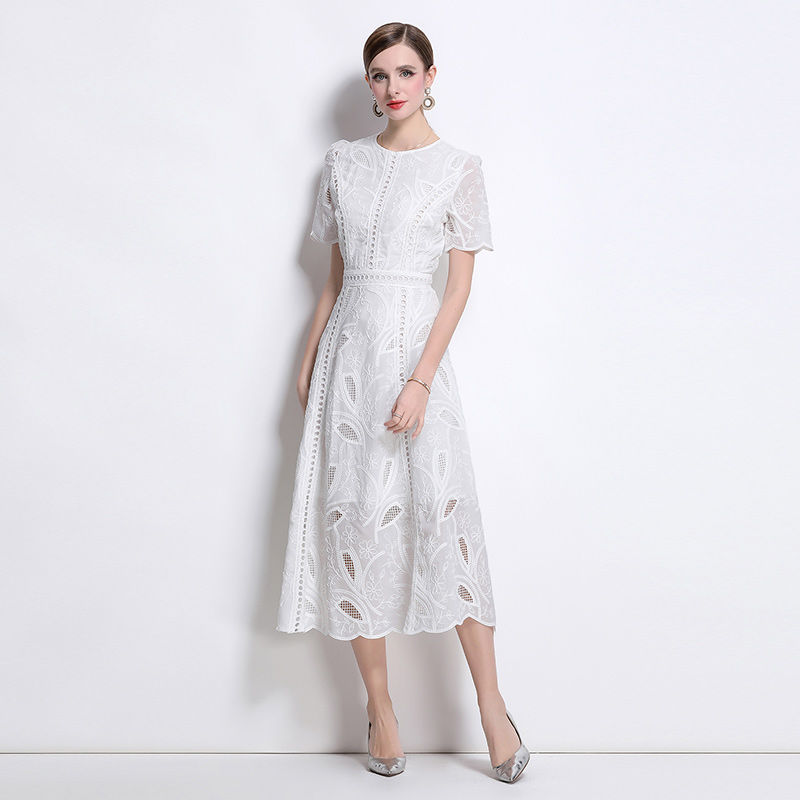 Embroidery France style dress round neck long dress