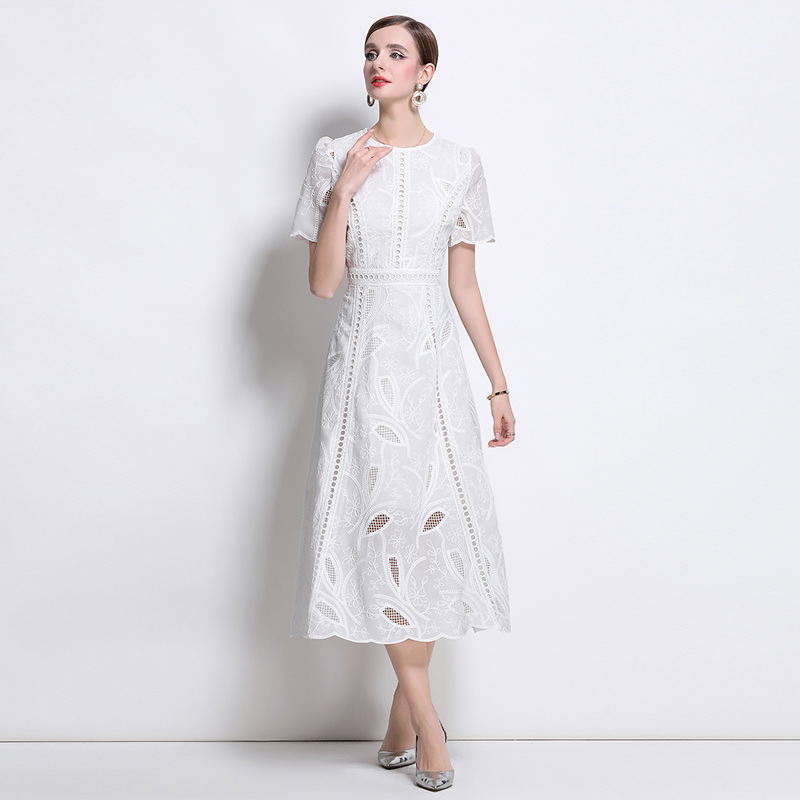 Embroidery France style dress round neck long dress