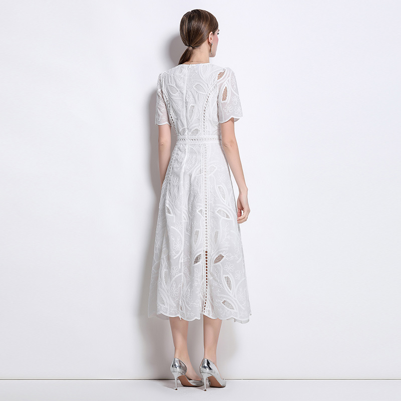 Embroidery France style dress round neck long dress