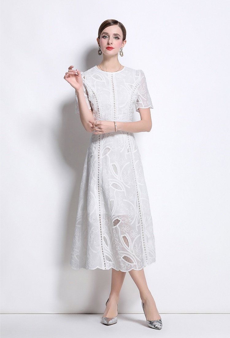 Embroidery France style dress round neck long dress