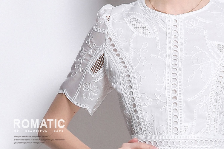 Embroidery France style dress round neck long dress