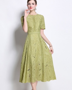 Short sleeve retro dress pinched waist long dress