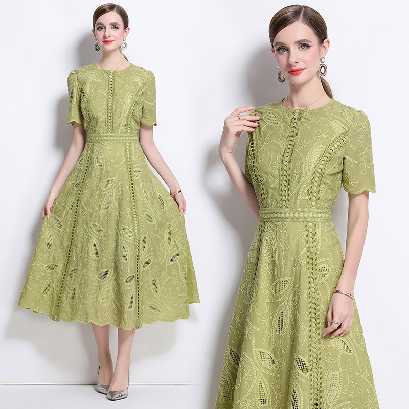 Short sleeve retro dress pinched waist long dress